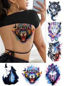 6 Sheets Temporary Tattoo For Women Man Guys Colorful Body Sticker Arm Shoulder Chest Back Makeup Waterproof Large Animal Fake Tattoo Temporary Tattoos Adult Tiger Wolf Butterfly Design - Multicolor - View 10