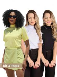 Kit 3 T Shirt High Neck Oversize Sleeve Women's High Neck Blouse Short Sleeve Plain Basic T-Shirt Black White Nude Candy Color - 黃色 - 查看 1