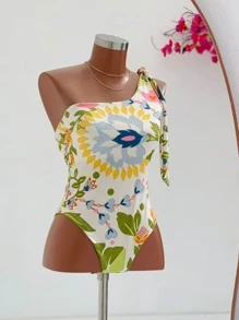 Women's Printed Macaw Bodysuit Summer One-Shoulder Top With Single Strap - 熱帶 - 查看 1