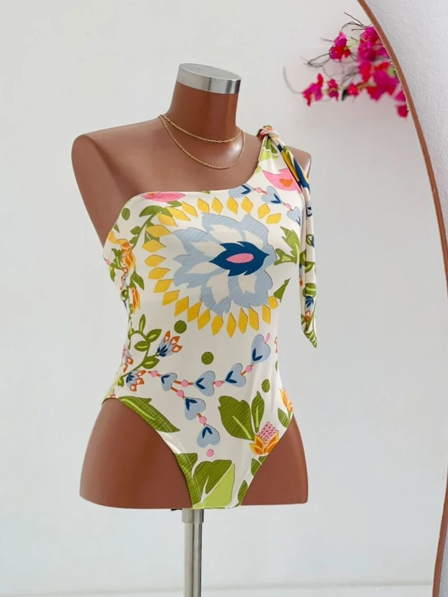 Women's Printed Macaw Bodysuit Summer One-Shoulder Top With Single Strap - 熱帶 - 查看 1