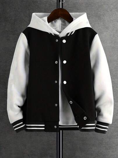 1pc Boys & Teens Casual Solid Color Pullover Hoodie Jacket, Fleece Varsity Style, Suitable For Spring & Autumn