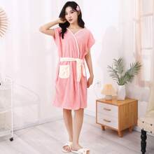 1pc Absorbent Soft Coral Velvet Bath Towel Pineapple Plaid Strap Casual Bath Skirt Home Bathing Women's Bathrobe - Multicolor - View 9