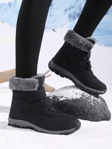 Giày bốt cao đến giữa bắp chân có đệm cỡ lớn dành cho nữ, giày bốt đi tuyết đế dày chống trượt chống thấm nước bằng da màu đen, mùa đông - màu đen - Xem 2