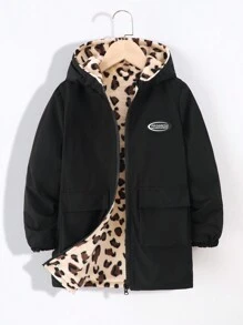 Tween Girls Autumn/Winter Leopard Fluffy Reversible Hooded Long Thick Jacket - Black - View 3