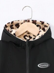 Tween Girls Autumn/Winter Leopard Fluffy Reversible Hooded Long Thick Jacket - Black - View 5