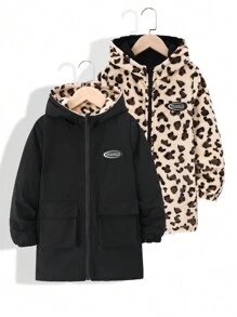 Tween Girls Autumn/Winter Leopard Fluffy Reversible Hooded Long Thick Jacket - Black - View 1