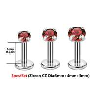 Set de 3 anillos nasales/pendientes de acero inoxidable hipoalergénico 16G con CZ transparente incrustado, rosca interna, para perforación de labio, cartílago, oreja, nariz, para mujeres y hombres, en colores rojo, azul y rosa de 3mm, 4mm y 5mm