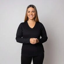 Women's Long Sleeve V-Neck T-Shirt - 黑色 - 查看 1