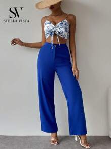 SV Conjunto social feminino, blusa estampada + calça pantalona de alfaiataria. - Azul - Visão 3
