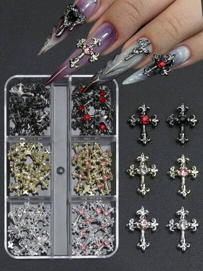 60 piezas/2000 Juego de decoración de uñas con cruces en dorado, plateado y negro con rhinestones negros, blancos, rosas y rojos - Decoraciones de uñas de aleación, accesorios de uñas, suministros para manicura DIY, estilos de uñas