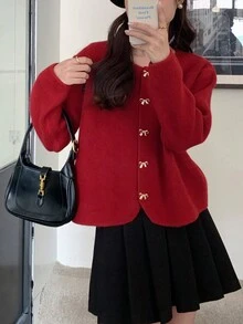 宽松蝴蝶结纽扣装饰圆领优雅长袖针织开衫