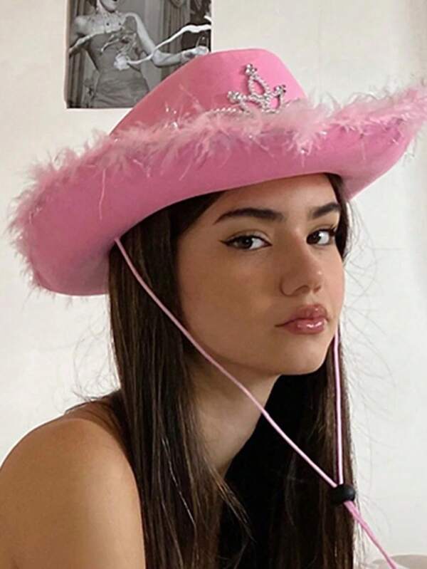1pc Women's Back To School Party Rhinestone Pink Cowgirl Crown Hat, Western Style Cowboy Hat With Feather Edge For Halloween Costume Party, Suitable For Daily Wear