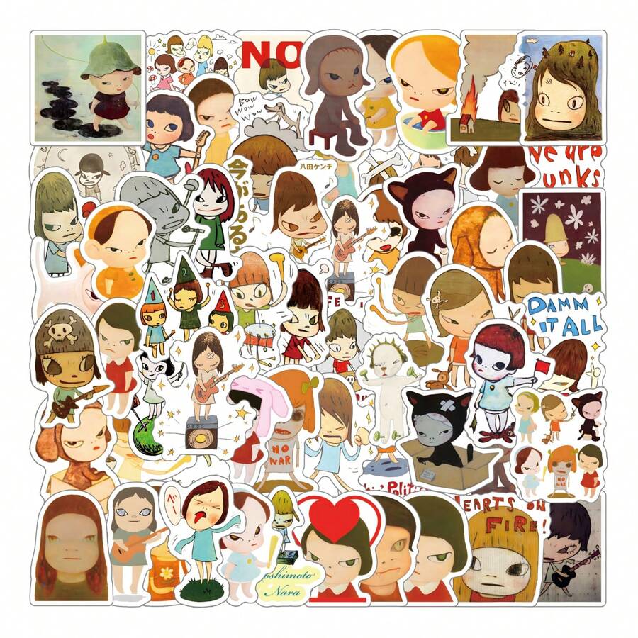 62张奈良美智卡通可爱插画贴纸，适用于水瓶、笔记本电脑、手机、滑板、吉他、行李箱、剪贴簿、头盔、派对装饰和礼品。 - 彩色 - 查看 1