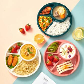 WORTHBUY 1/3 st rund plasttallrik med bestickset, mikrovågsugnsdelad tallrik med 4 fack, salladsfruktmatbricka mattallrik, kontrollera dieten och gå ner i vikt frukosttallrik, lämplig för student- och vuxenbruk i hemmet, skolan, studentboendet, kontoret, utomhuscamping, picknick, resor, bakåt till skolan