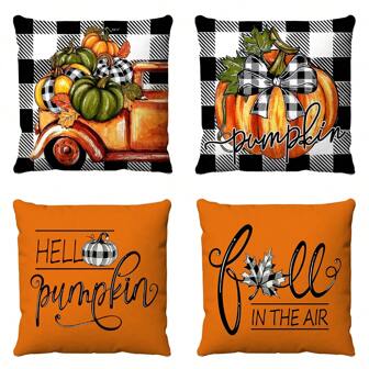 4 pezzi Copr cuscino morbido in poliestere a forma di zucca autunnale, cuscino quadrato, copricuscino decorativo per salotto, camera da letto, divano, divano, decorazione domestica, decorazione della stanza, decorazione della festa, stampato su un solo lato, senza cuscino inserire, 18 pollici X 18 pollici