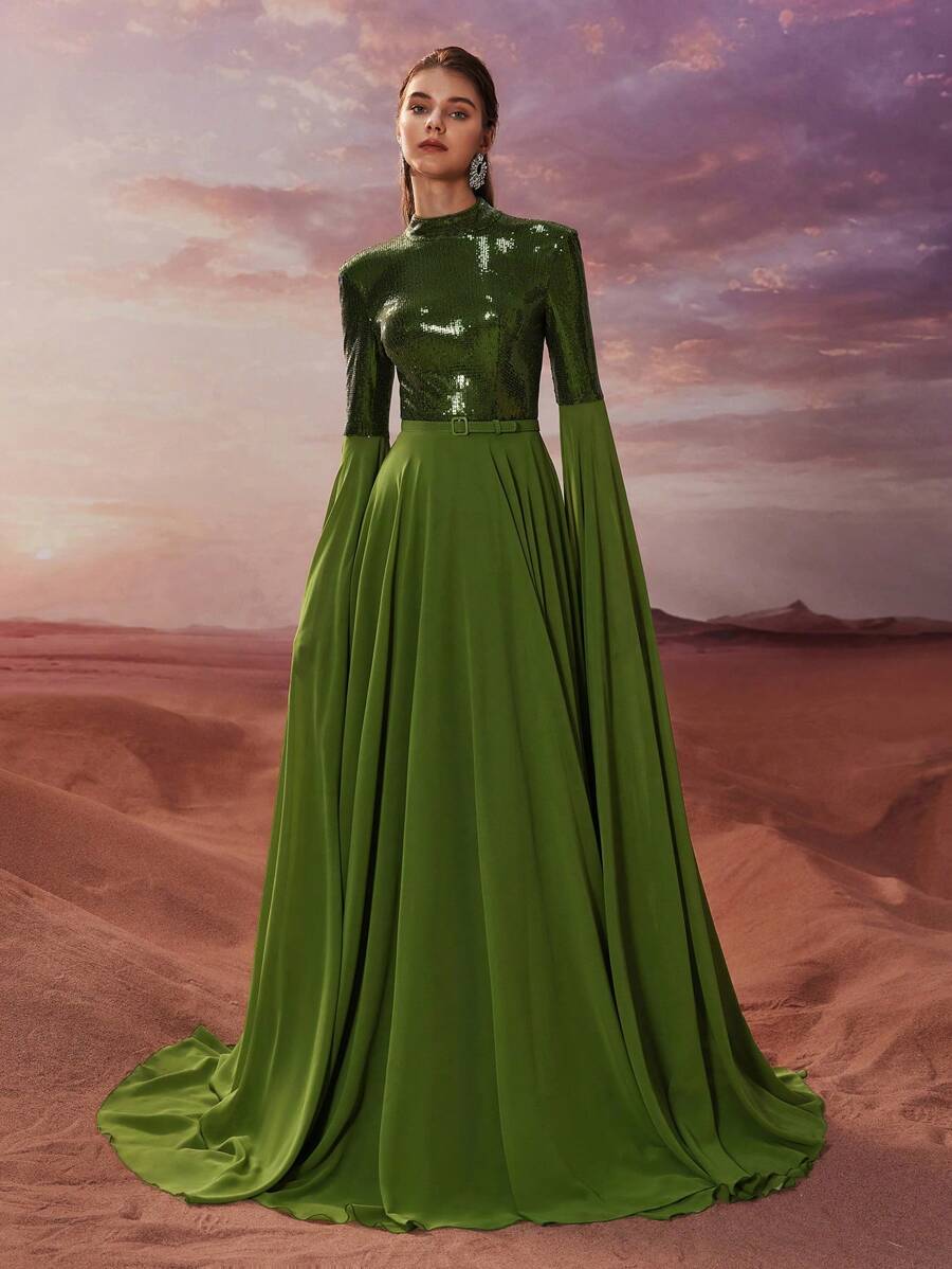 YISIKADO Váy dạ hội trang trọng cao cấp thanh lịch dành cho nữ với vải chắp vá sequin, cổ cao bằng vải chiffon và tay loe, có đuôi váy, váy dạ hội dài tay, cho tiệc tối dự tiệc cưới