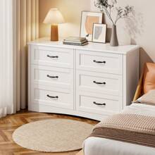 Lofka Dresser For Bedroom With 6 Drawers, Wood Wide Chest Of Drawers, Modern Wood Double Chest Of Drawers With Metal Handles And Anti-Tripping Device For Home, Living Room, Hallway, Cloakroom, Home Decor, Valentine's Day Ideas - trắng - Xem 3