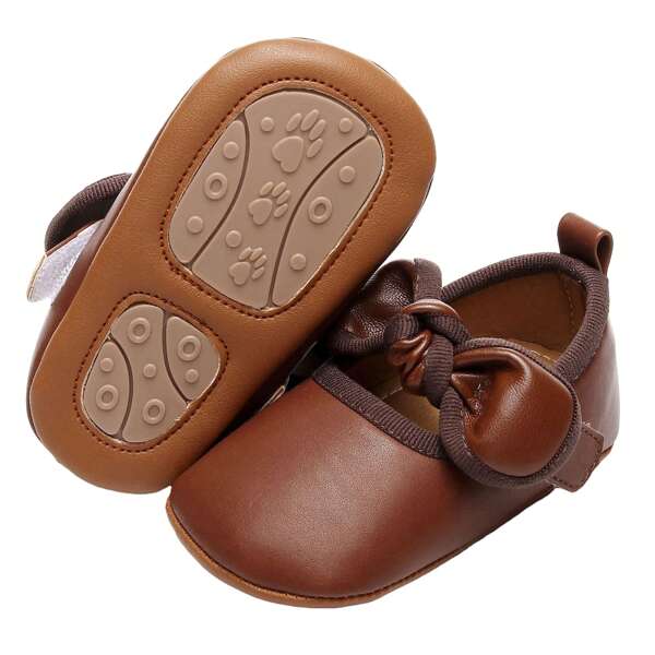 Baby Girl Princess Dress Shoes Faux Leather Bowknot Mary Jane Flats Crib Shoes With Non-Slip Rubber Sole