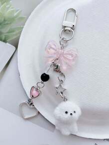 1 件男女通用可爱植绒小狗饰物，带蝴蝶结和心形，适合用作手机挂绳或钥匙扣情人节情人汽车配件包饰学校明星哥特 Y2k