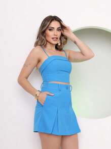 Cropped Top Set With Padding And Straps And Short Skirt In Dominique Fabric - Màu xanh lam - Xem 3