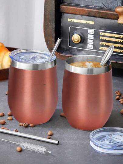 1 pieza Taza de huevo en forma de U de 340ML de acero inoxidable con aislamiento al vacío, exterior pulverizado de varios colores, incluye pajita de acero inoxidable y cepillo para pajita, apto para uso en el hogar, la oficina, al aire libre, viajes, deportes, también disponible para comprar por separado