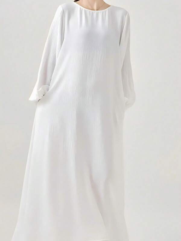 Vestido feminino cor sólida gola redonda manga lanterna bolso maxi casual árabe