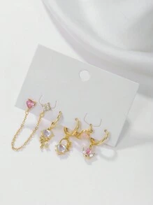 Shescity 1 Set Of 5 Pieces Exquisitely Designed Micro-Paved Colored Zirconia Love Key Earrings And Studs Set Suitable For Women To Wear On One Ear For Daily Banquets