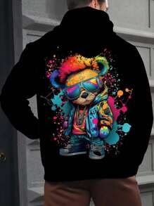 ZhuYa 大码休闲简约系列狮子图案印花连帽衫 - 宽松版型带袋鼠口袋长袖卫衣，街头休闲春秋季户外外套 - 黑色 - 查看 2