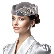 Vintage Knitted Felt Pillbox Rhinestone Hat Women's  Derby Veil Flower Fedora