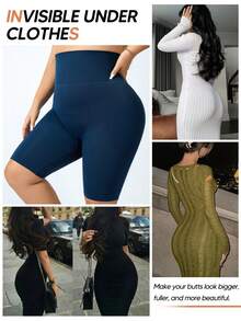 Plus Size Women High Waist Slimming Tight Shorts - Navy Blue - View 3