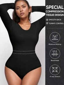 Suprenx 1 件女式长袖柔软光滑透气收腹紧身衣，适合打底或外穿 - 黑色 - 查看 2