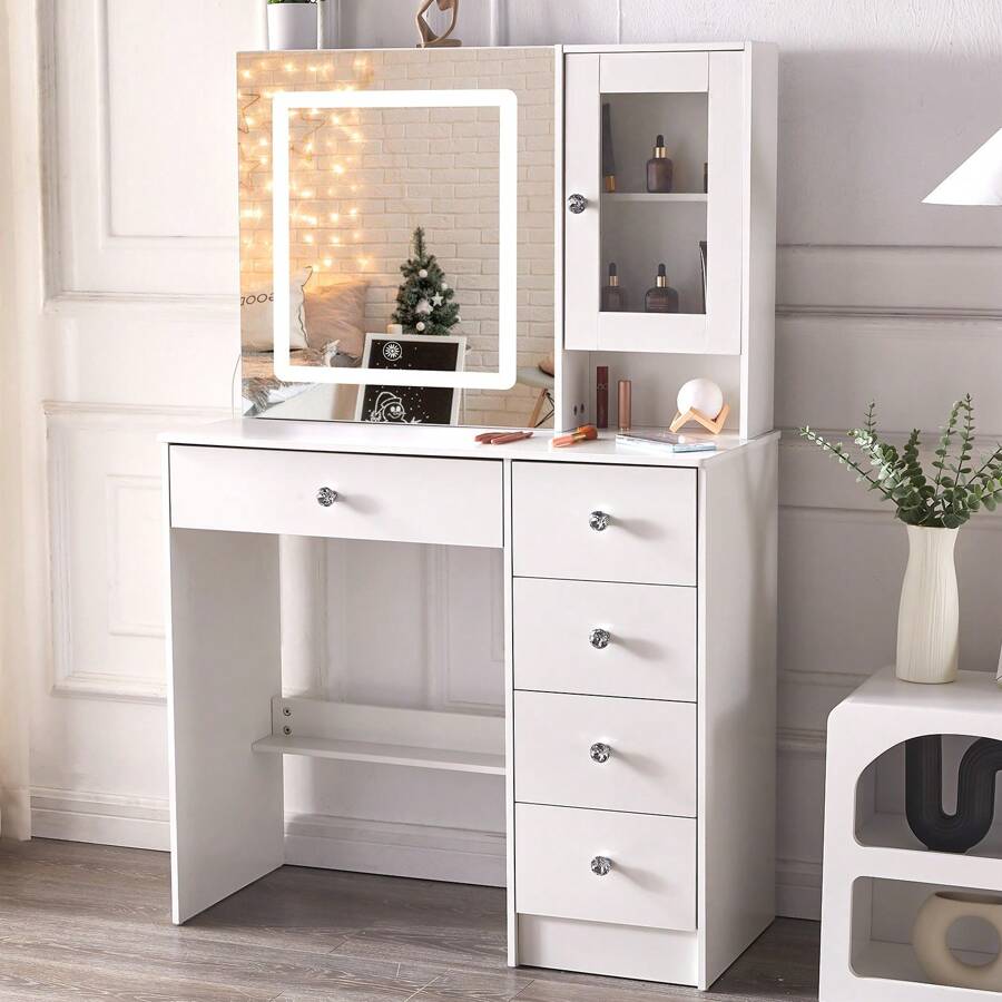 Vanity Desk With Lighted Mirror, Large Makeup Vanity With Sliding