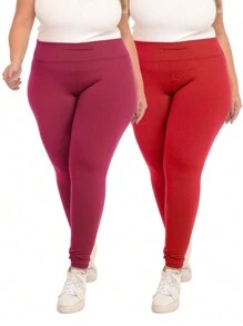 Kit 02 Women's Plush Plus Size Leggings With High Waist And Butt Lift - Rượu vang và đỏ - Xem 4