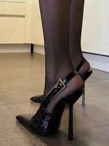 Zapatos de tacón alto de punta negra, tacones de aguja, sandalias de tiras con punta metálica patentado