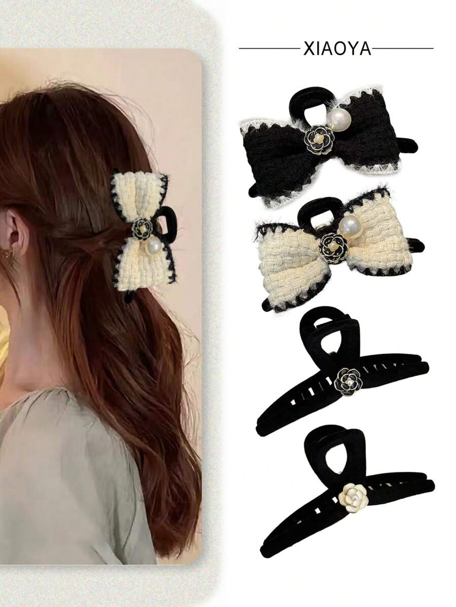 1 件秋冬新款毛绒蝴蝶结发夹、山茶花和发爪发饰、优雅奢华 - 彩色 - 查看 1
