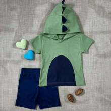 Espevitados Children's Fancy Dress Set: Green Short-Sleeved T-Shirt With Dinosaur Embroidered Hood And Plain Navy Blue Suede Shorts - xanh quân đội - Xem 2