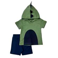 Espevitados Children's Fancy Dress Set: Green Short-Sleeved T-Shirt With Dinosaur Embroidered Hood And Plain Navy Blue Suede Shorts - xanh quân đội - Xem 3