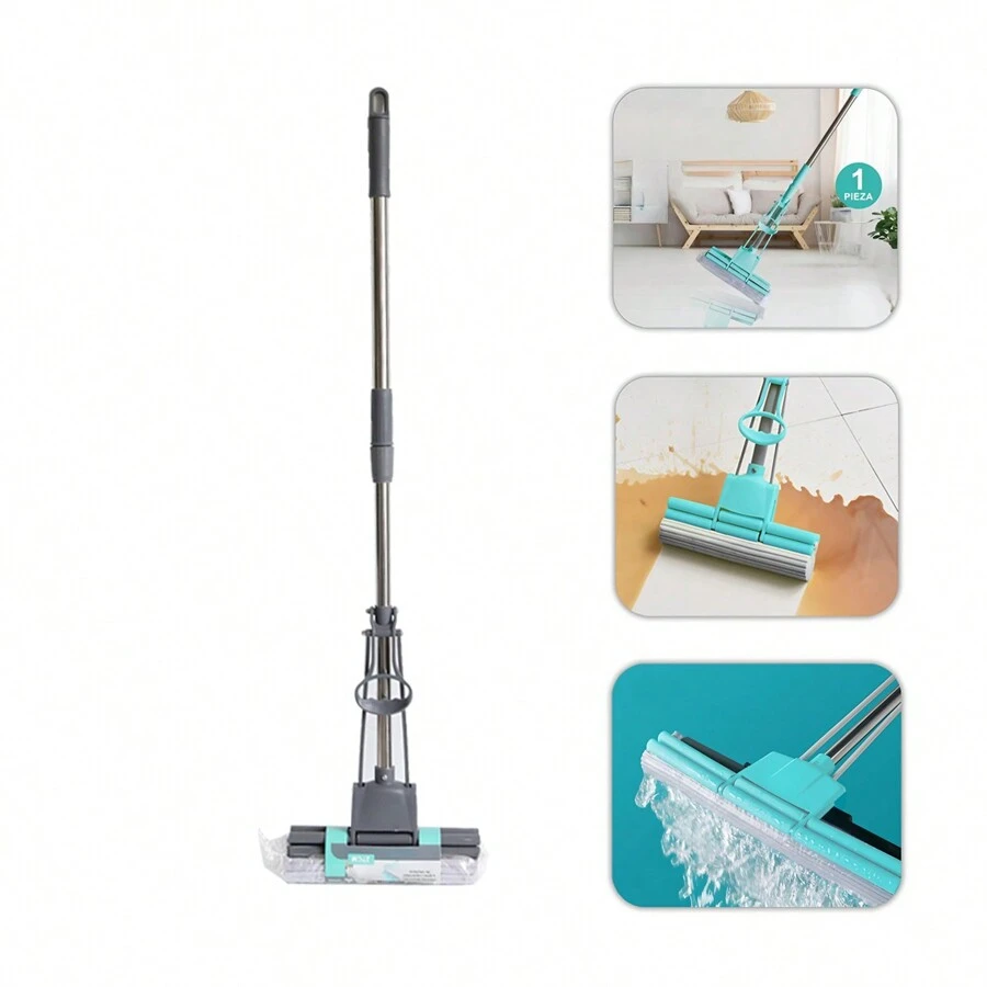 Fregona de esponja absorbente autoexprimible,Mopa con rodillos de goma,Trapeador de algodón con rodillos de goma doble para pisos,Mopa con cabeza de goma y algodón - Gris - Ver 1