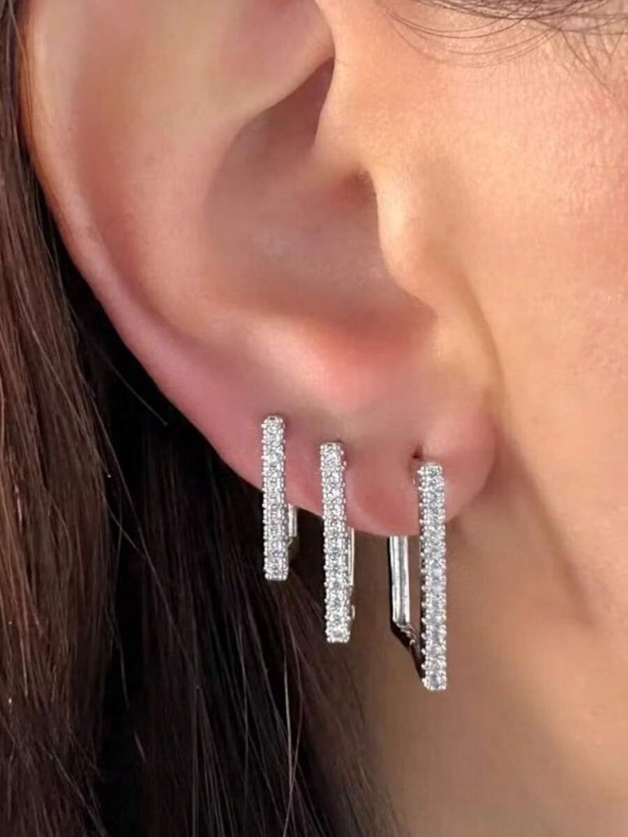 Trio Of Square Hoop Earrings Studded In 18k Gold And 925 Silver - Bạc - Xem 1