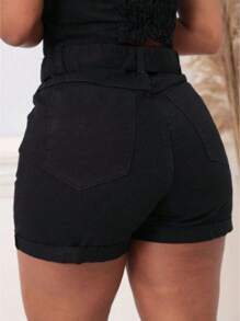 Women's Black Jean Shorts With Belt And Folded Hem - màu đen - Xem 2