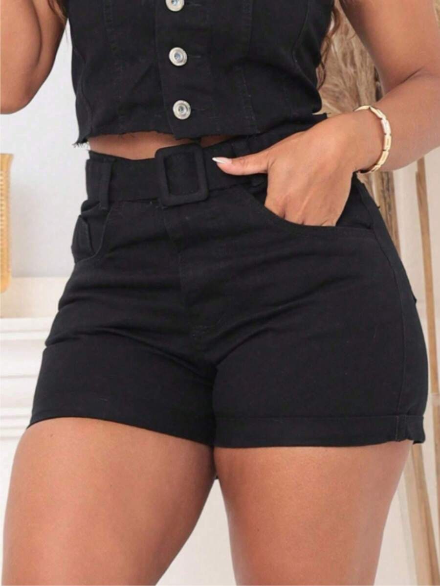Women's Black Jean Shorts With Belt And Folded Hem - màu đen - Xem 1