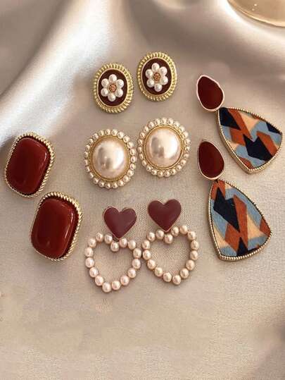 Set de 5 pares de aretes de perlas huecas con forma de corazón, diseño bicolor de lujo ideal para San Valentín, Mamá, Día de la Madre, como regalo