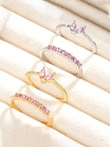 Set de 4 anillos ajustables con diseño de mariposa y corazón de cristal en tonos dorado y plateado, joyería para niña