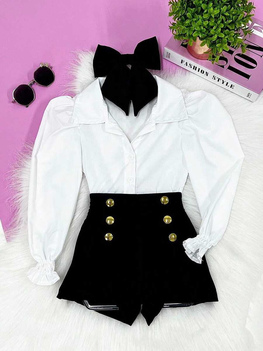 ISA KIDS - Girls' Clothing Set Children's White Shirt And Shorts Tailored Button-Up Fashion Mini Diva Blogger - màu đen - Xem 1
