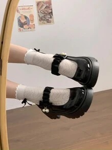 Giày lười đế dày mũi tròn đế bằng da bóng màu đen thoải mái cho nữ có trang trí ngọc trai cổ điển - màu đen - Xem 3