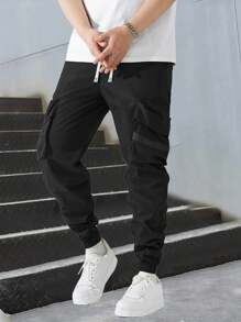 Tween Boy Fashionable Casual Drawstring Cargo Pants, Spring/Summer/Autumn Lightweight Relaxed Cargo Pants - Black - View 4