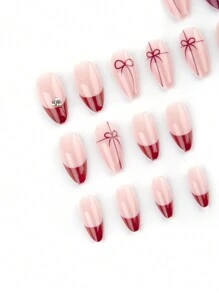 Sanrio Valentines Nails 24pcs/Set Mid-Length Elegant Y2k Style Red Rope Bowknot Hair Ties For Valentine'S Day Gift, With Simple Red French Style Rhinestone & Sweet Almond Nail Piece + 1 Jelly Nail Glue + 1 Nail Polishing Strip Press On Nails Nail Supplies