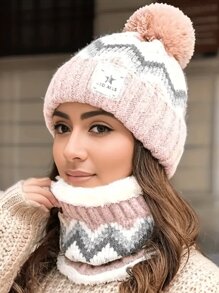 Conjunto de 2 peças/conjunto de gorro e cachecol de malha acrílica com padrão geométrico feminino, proteção auricular, pompom, forro térmico, adequado para ciclismo ao ar livre no outono e inverno, Natal