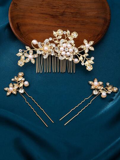 1 Set (3pcs) Gold Color Princess Hair Combs & Bun Accessories, Fashion Elegant Pearl & Plum Blossom Design, For Brides