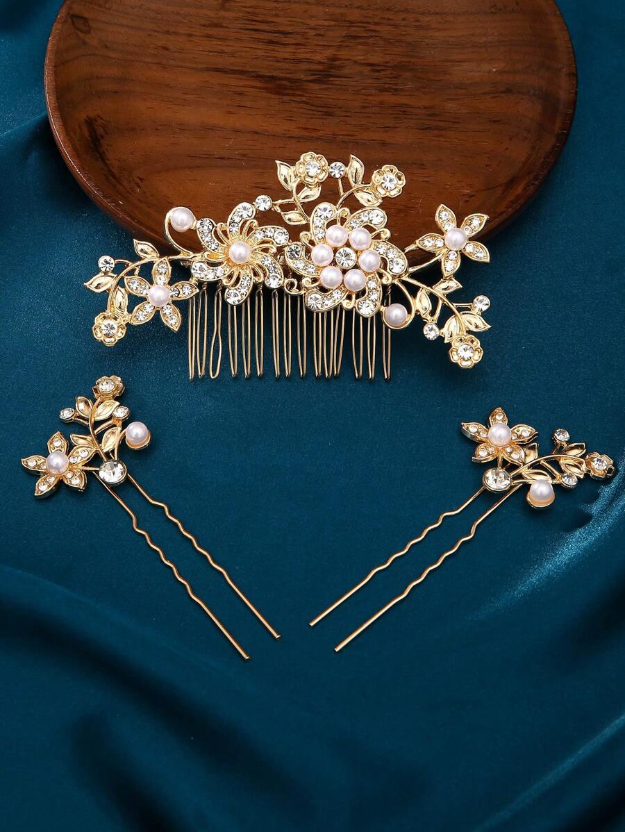 1 set (3 pièces) Peignes à cheveux et accessoires pour chignon de couleur dorée, design élégant avec perles et fleurs de prunier, pour mariées, accessoires pour la Saint-Valentin, accessoires de coiffure pour mariage - Doré - Voir 1